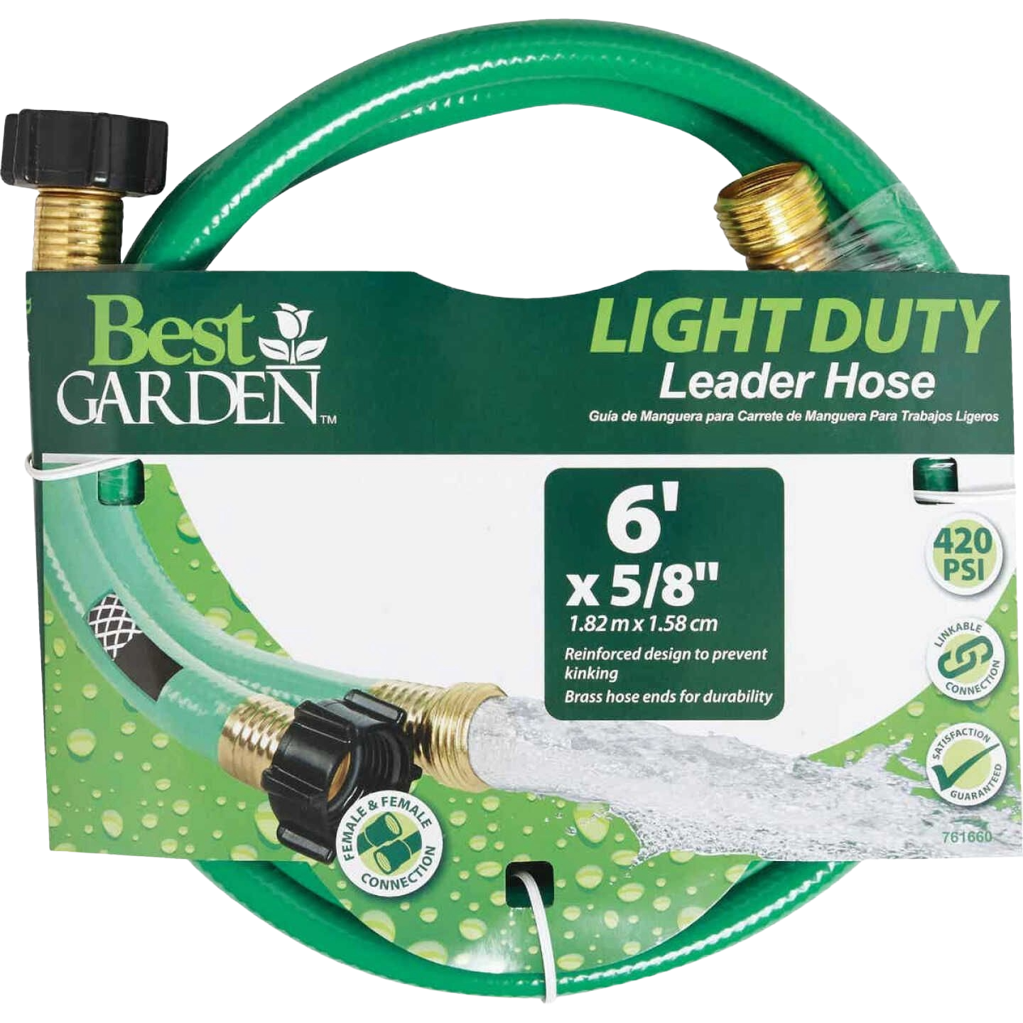 Green light-duty garden leader hose with brass male and female couplings for watering and irrigation tasks.