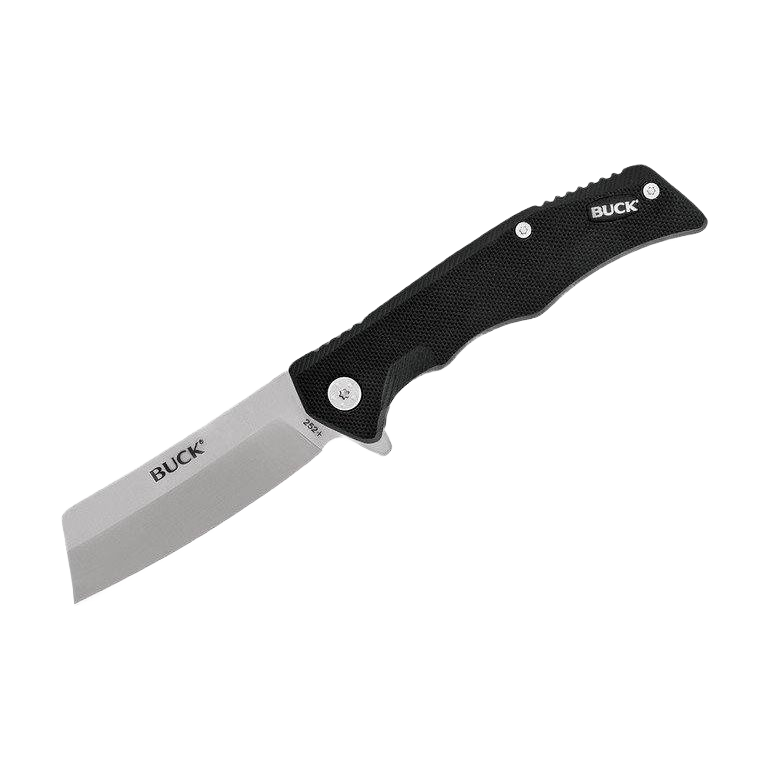 Black folding knife with stainless steel cleaver blade and textured G10 handle for cutting and woodworking tasks.