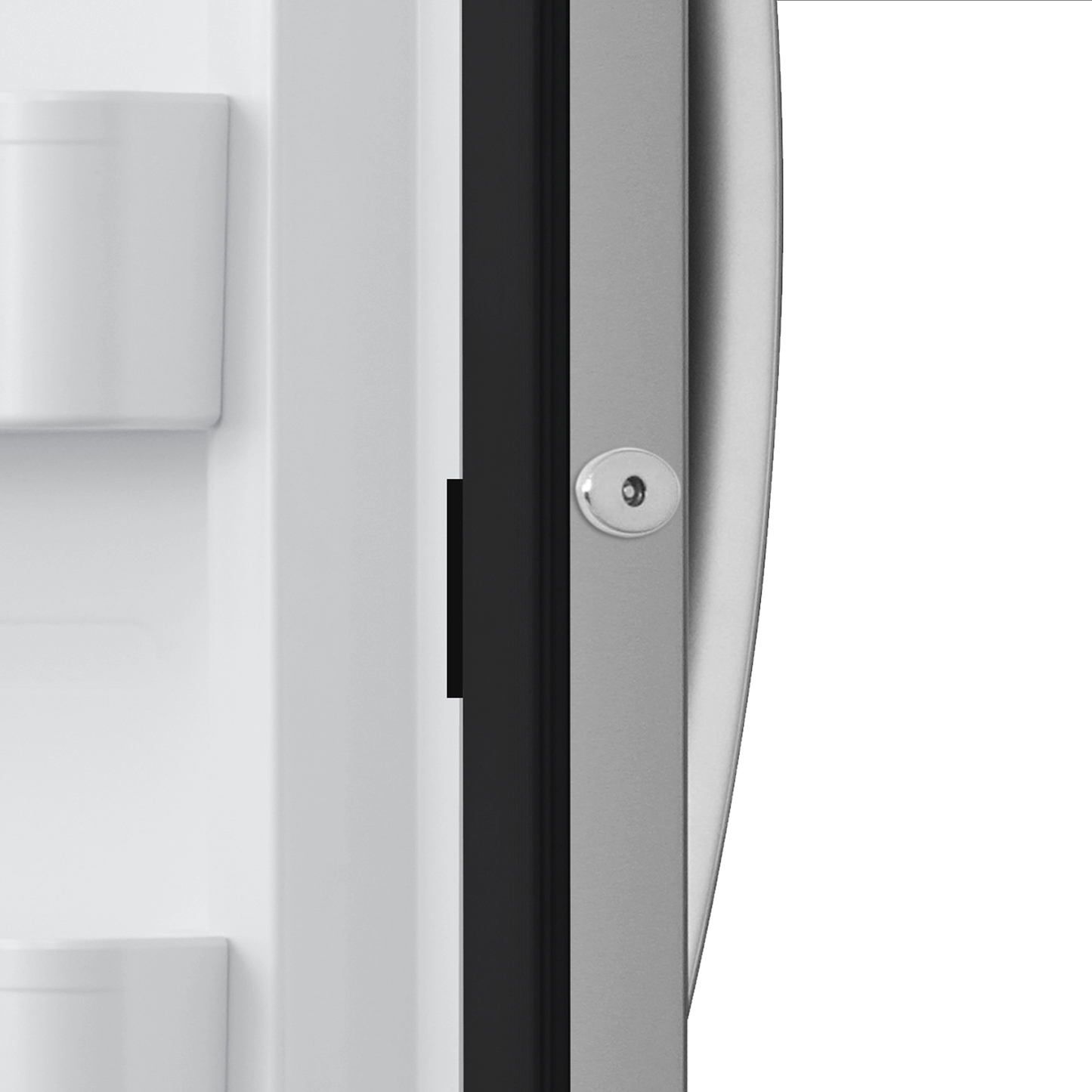 Close-up of stainless steel upright freezer door edge with locking mechanism, part of Freezers & Ice Makers, Upright Freezers, Kitchen & Kitchenware, and Appliances collections at Hartville Hardware.