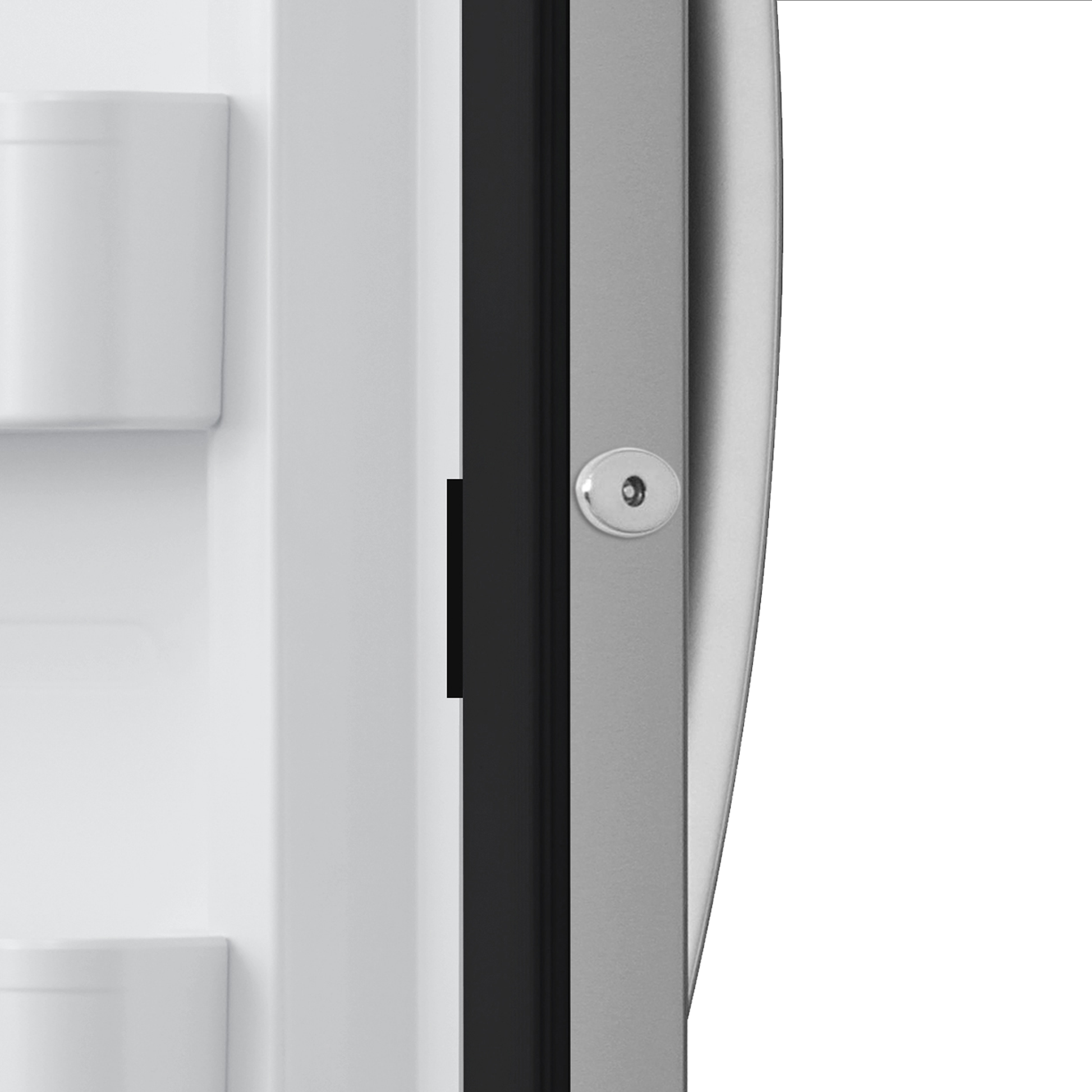 Close-up of stainless steel upright freezer door edge with locking mechanism, part of Freezers & Ice Makers, Upright Freezers, Kitchen & Kitchenware, and Appliances collections at Hartville Hardware.