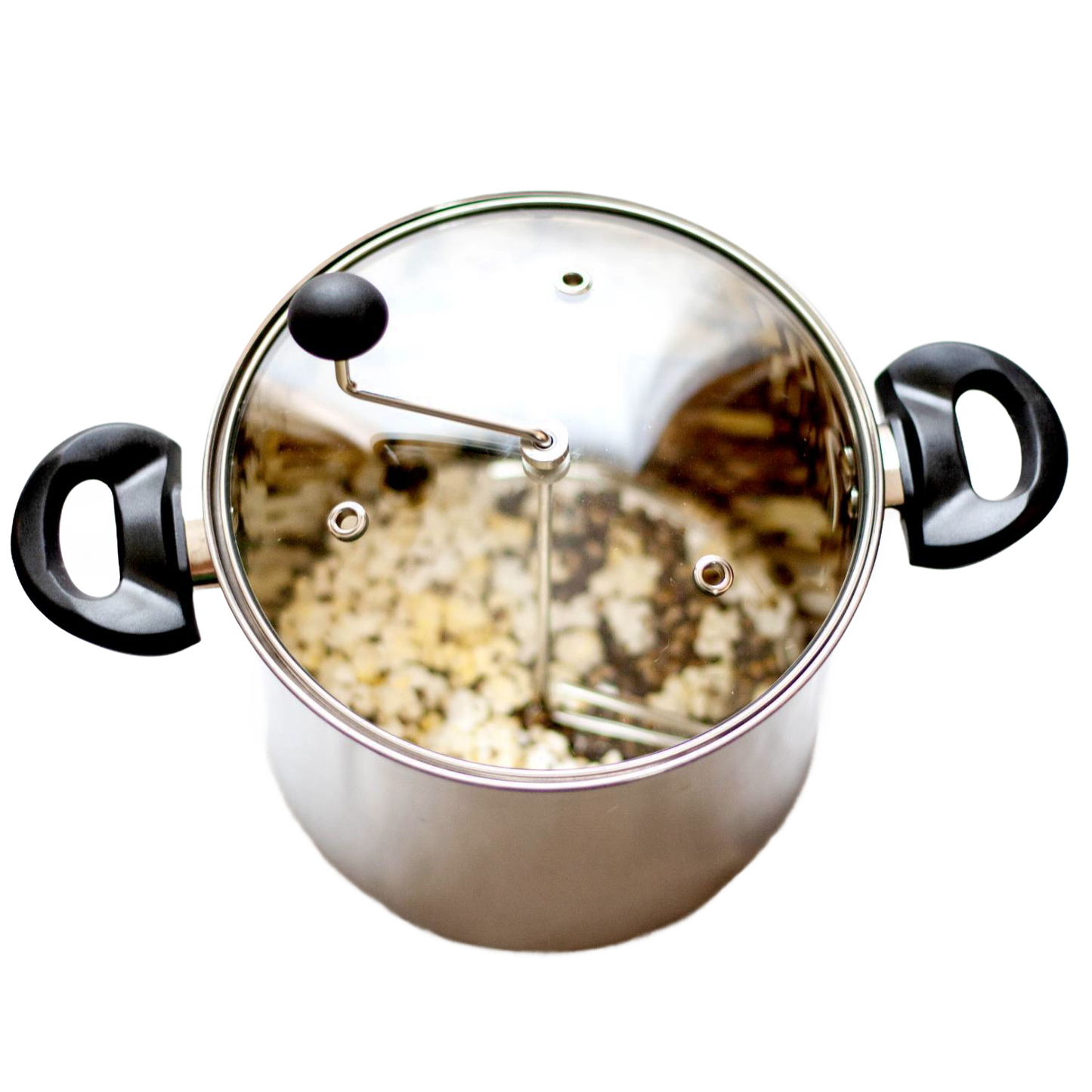 Stainless steel popcorn popper with crank handle, glass lid, and black grip handles from Small Kitchen Appliances collection