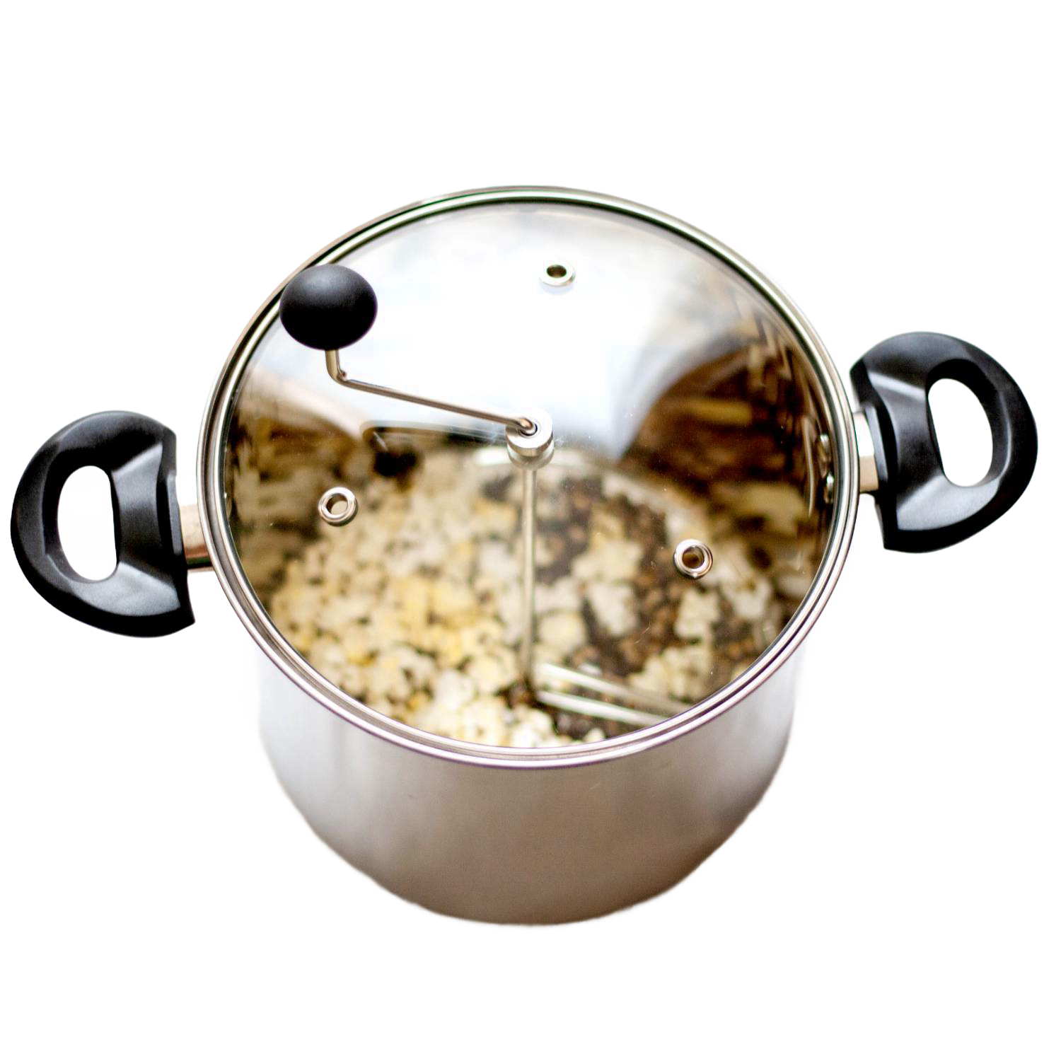 Stainless steel popcorn popper with crank handle, glass lid, and black grip handles from Small Kitchen Appliances collection