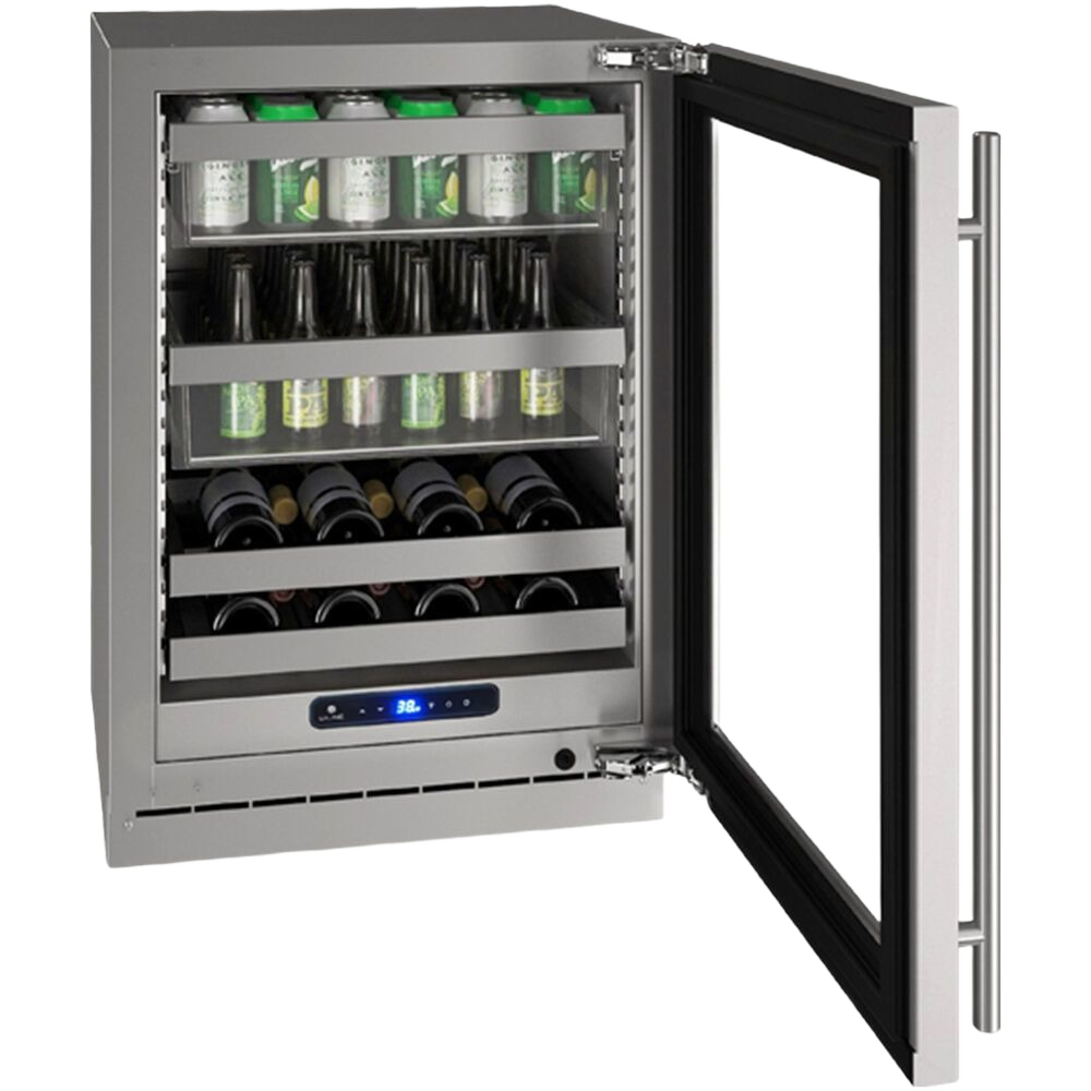 24-inch stainless steel dual-zone beverage center with interior LED light and electronic temperature controls in refrigerators collection
