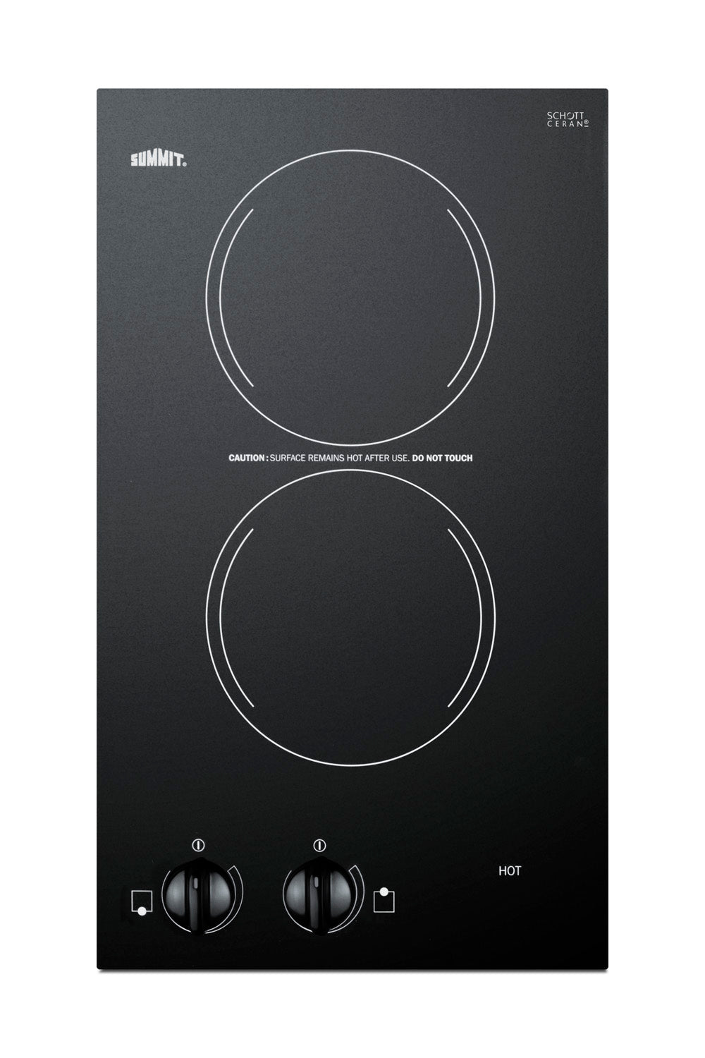 Black 12-inch radiant cooktop with two burners, knob controls, and smooth glass surface for kitchen appliance use
