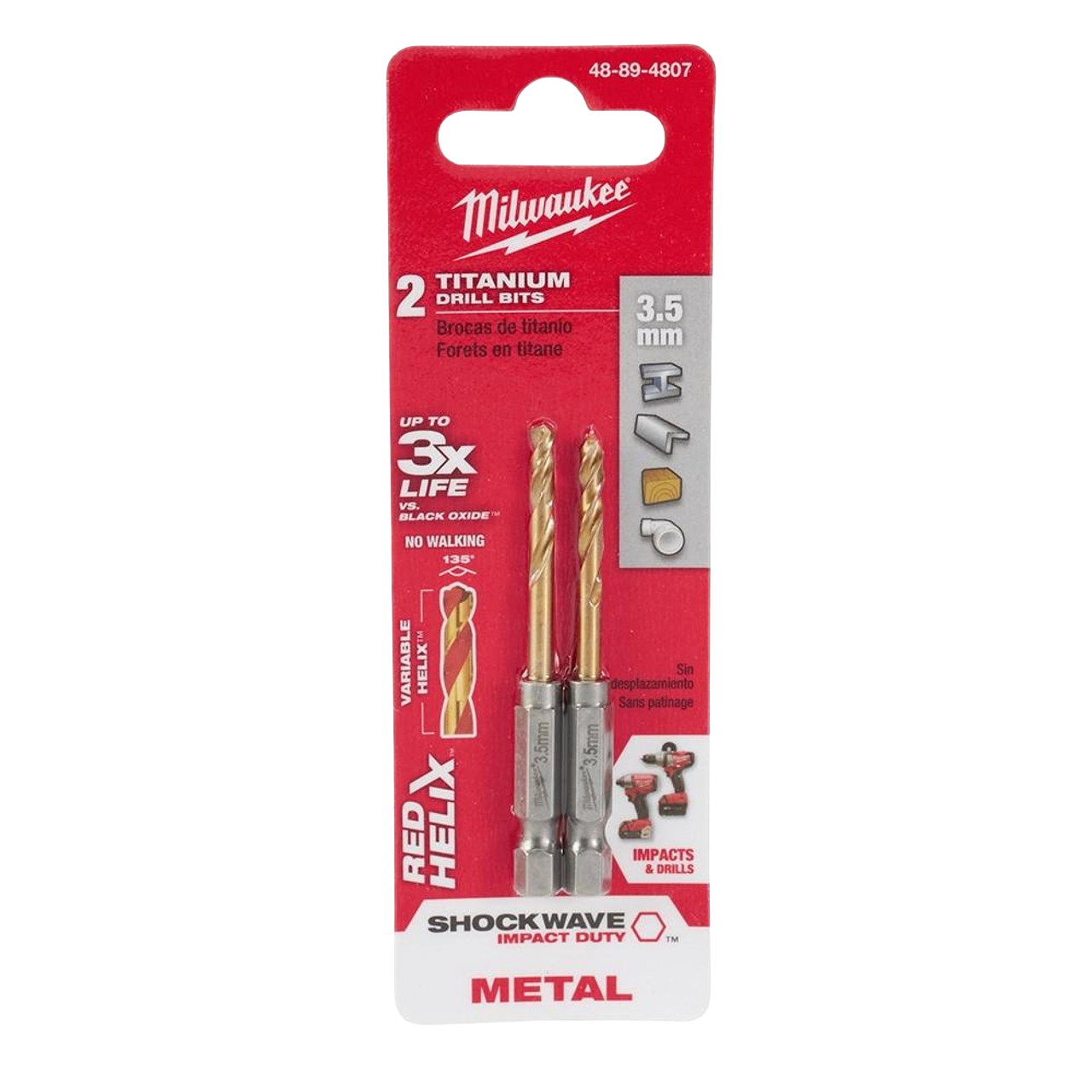 Two titanium 3.5mm drill bits in red and black packaging designed for metal drilling and impact tools use