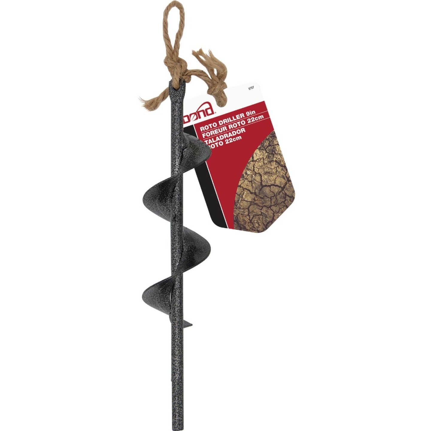 9-inch garden roto driller with twisted metal blade and rope handle for gardening and outdoor hand tool use