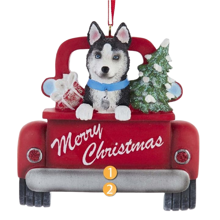 Red truck Christmas ornament featuring a husky dog and decorated tree in holiday ornaments collection
