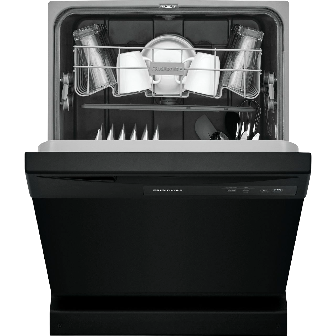 Black built-in dishwasher open with clean white dishes inside, part of kitchen and appliances collection