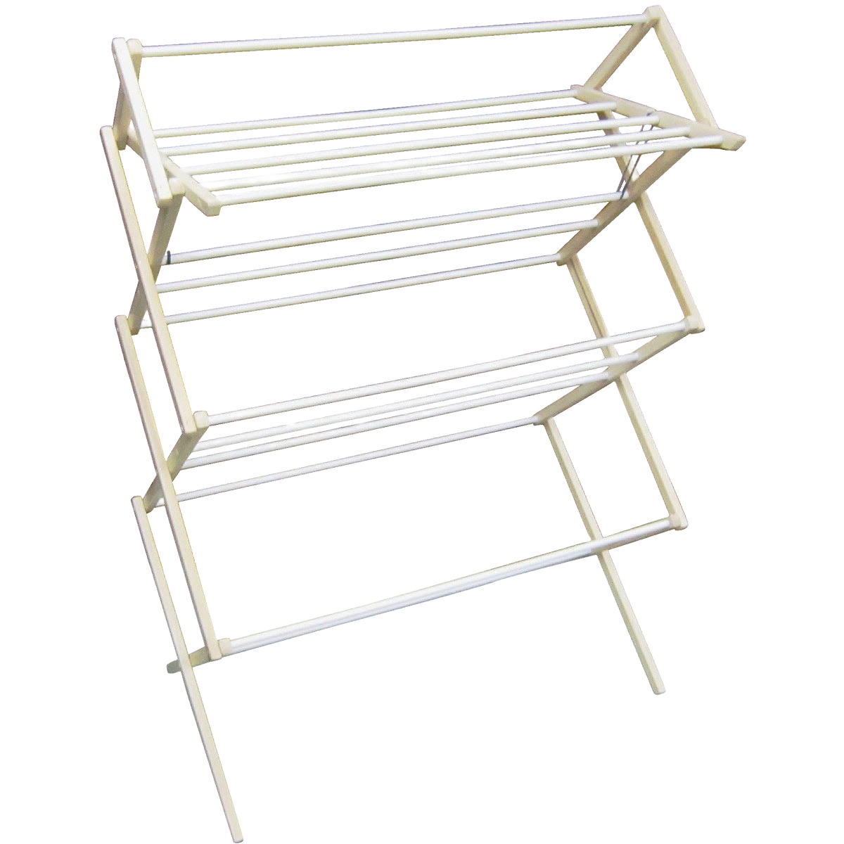 Wood clothes drying rack with multiple tiers for laundry storage and organization in household cleaning supplies