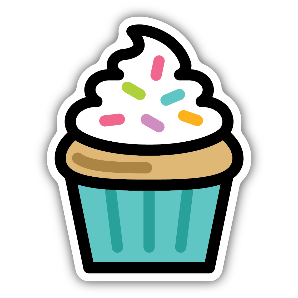 Cartoon-style cupcake sticker with white frosting and colorful sprinkles on a teal wrapper background