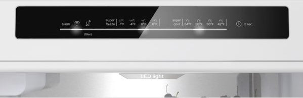 Control panel display with temperature settings and alarm indicators on a stainless steel refrigerator from Bosch Appliances collection