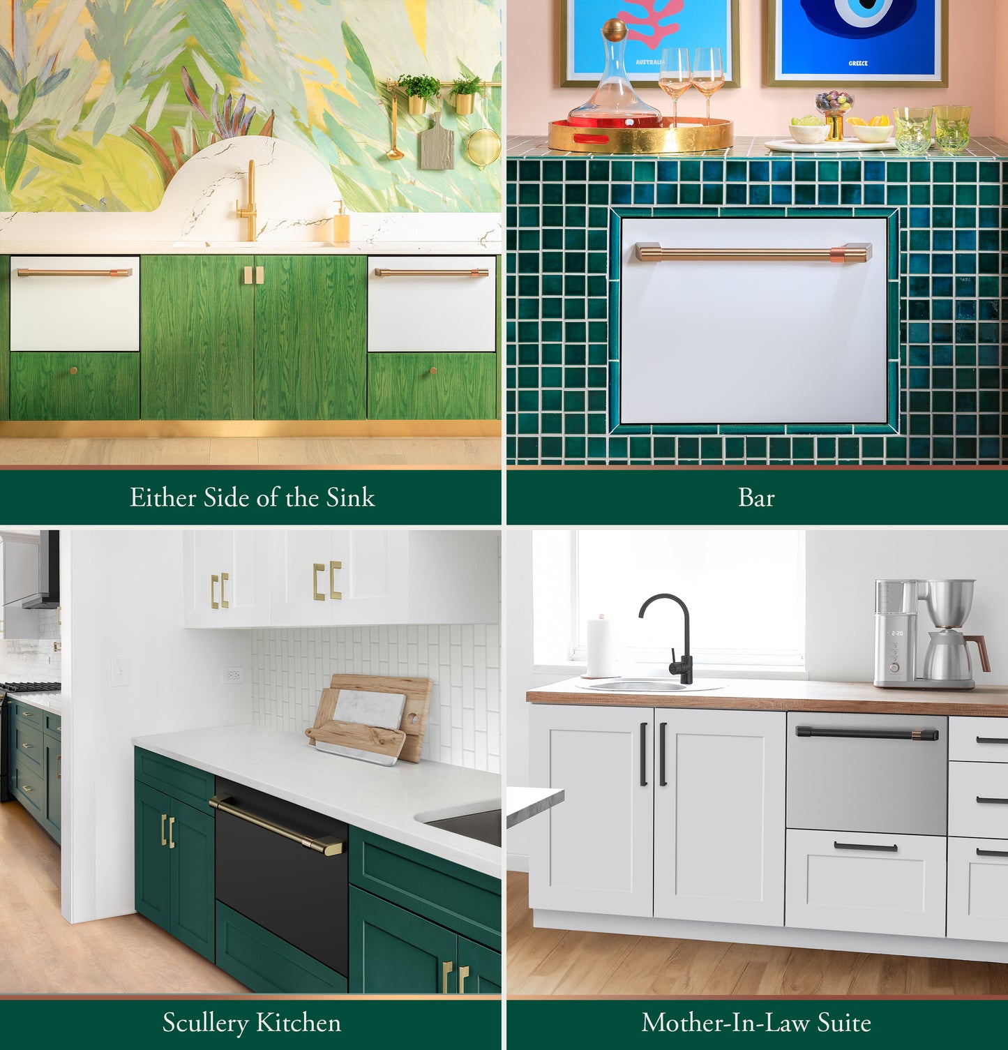 White smart single drawer dishwasher with brass handle shown in diverse kitchen and bar settings for built-in dishwashers collection