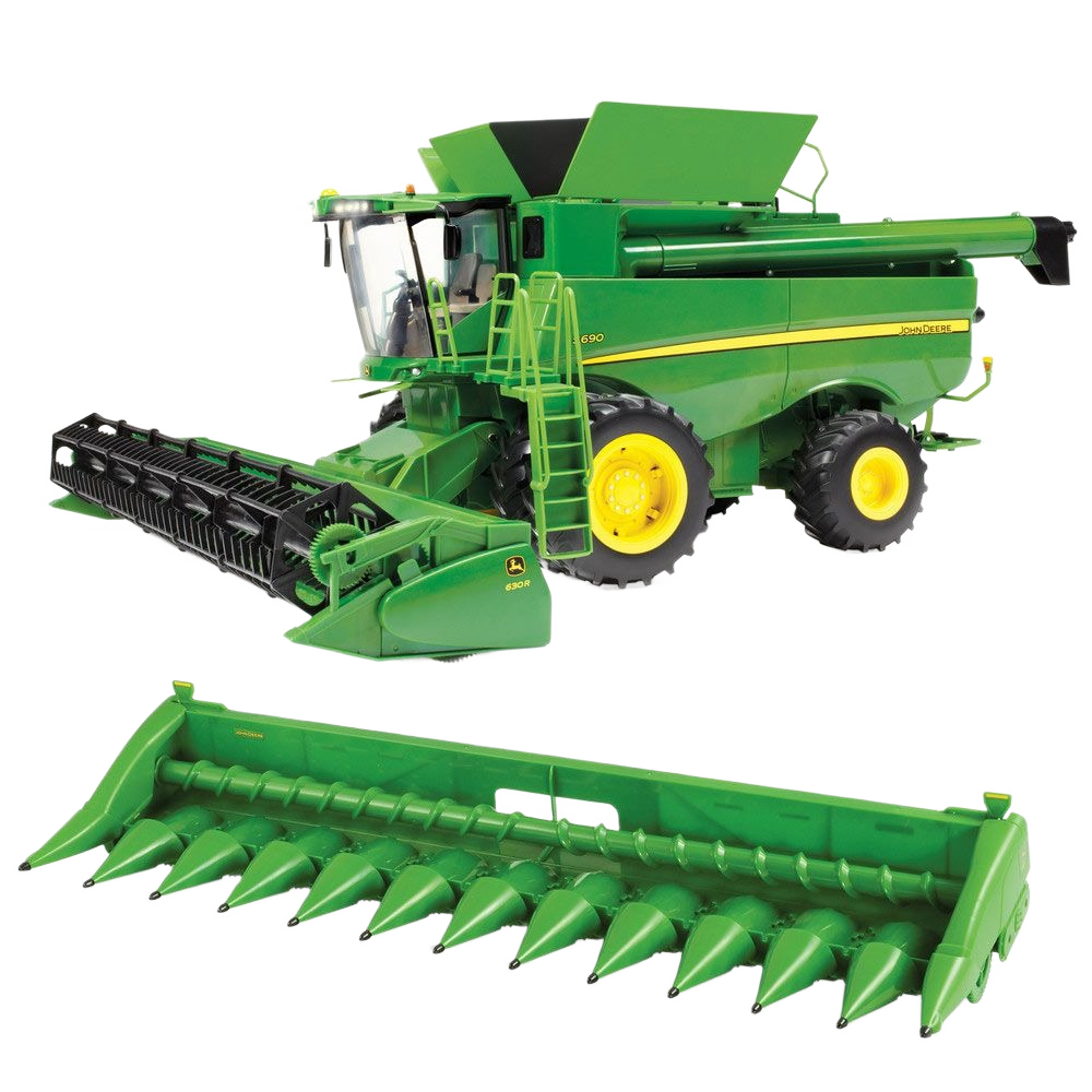 Green detailed 1:16 scale John Deere S690 combine model with detachable harvesting header accessory