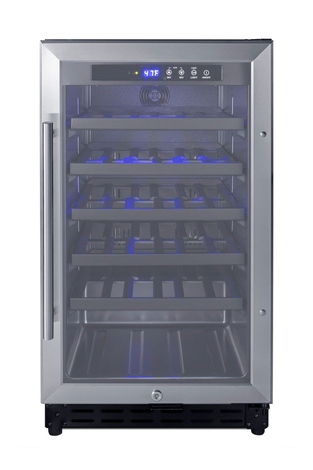 Built-in stainless steel undercounter wine cellar with blue interior lighting and digital temperature display from Appliances collection