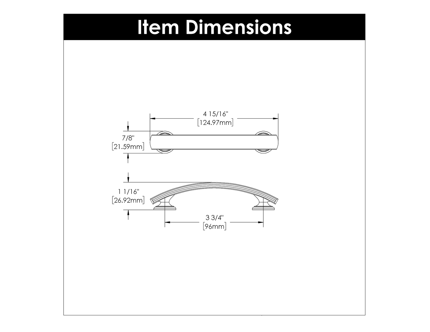 Technical drawing showing dimensions of a vintage bronze cabinet pull for hardware and furniture accessories.