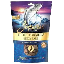 Zignature Pet Trout Formula Ziggy Bars dog treats in resealable blue and gold bag for pets and farm supplies