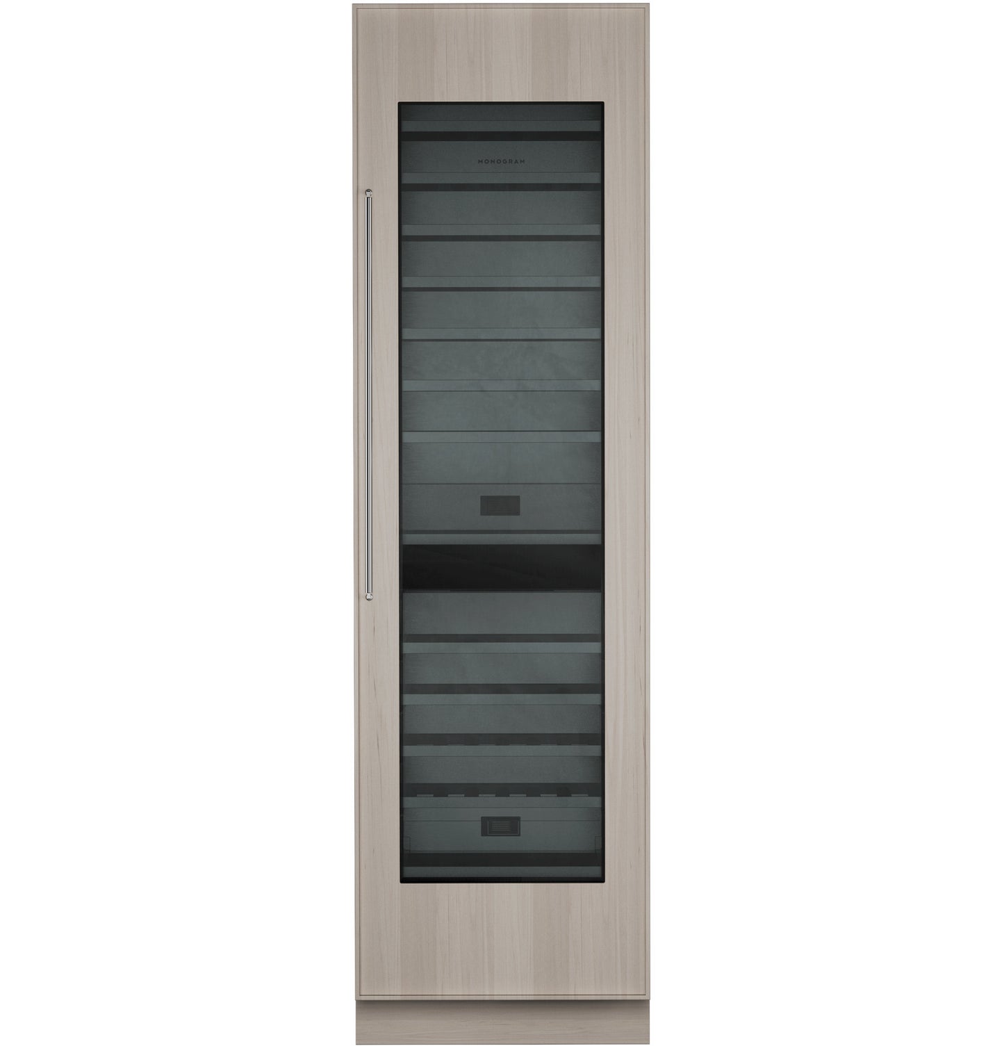 Tall panel-ready wine column with glass door and horizontal shelving in beverage centers and kitchen appliances collections