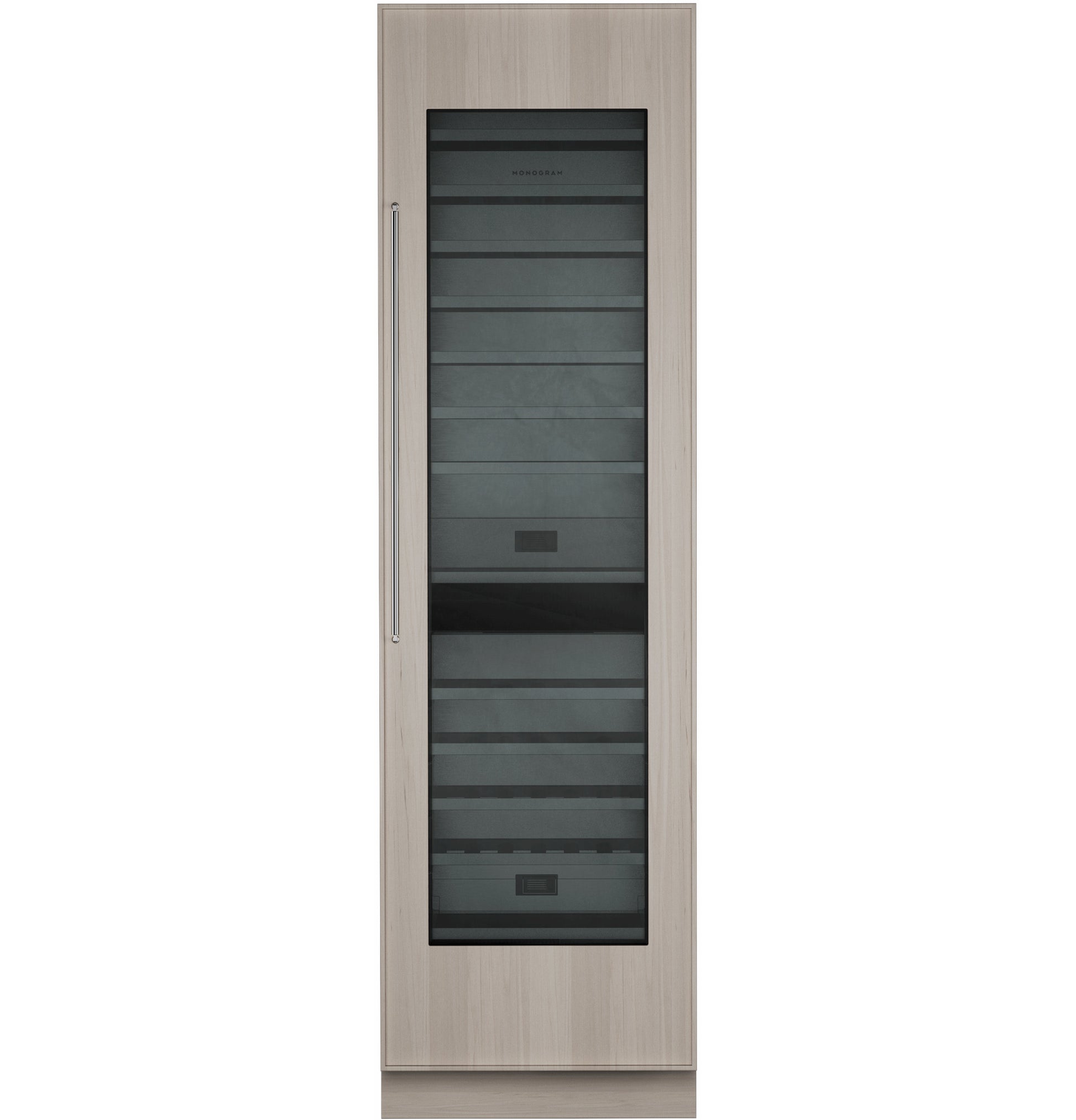 Tall panel-ready wine column with glass door and horizontal shelving in beverage centers and kitchen appliances collections