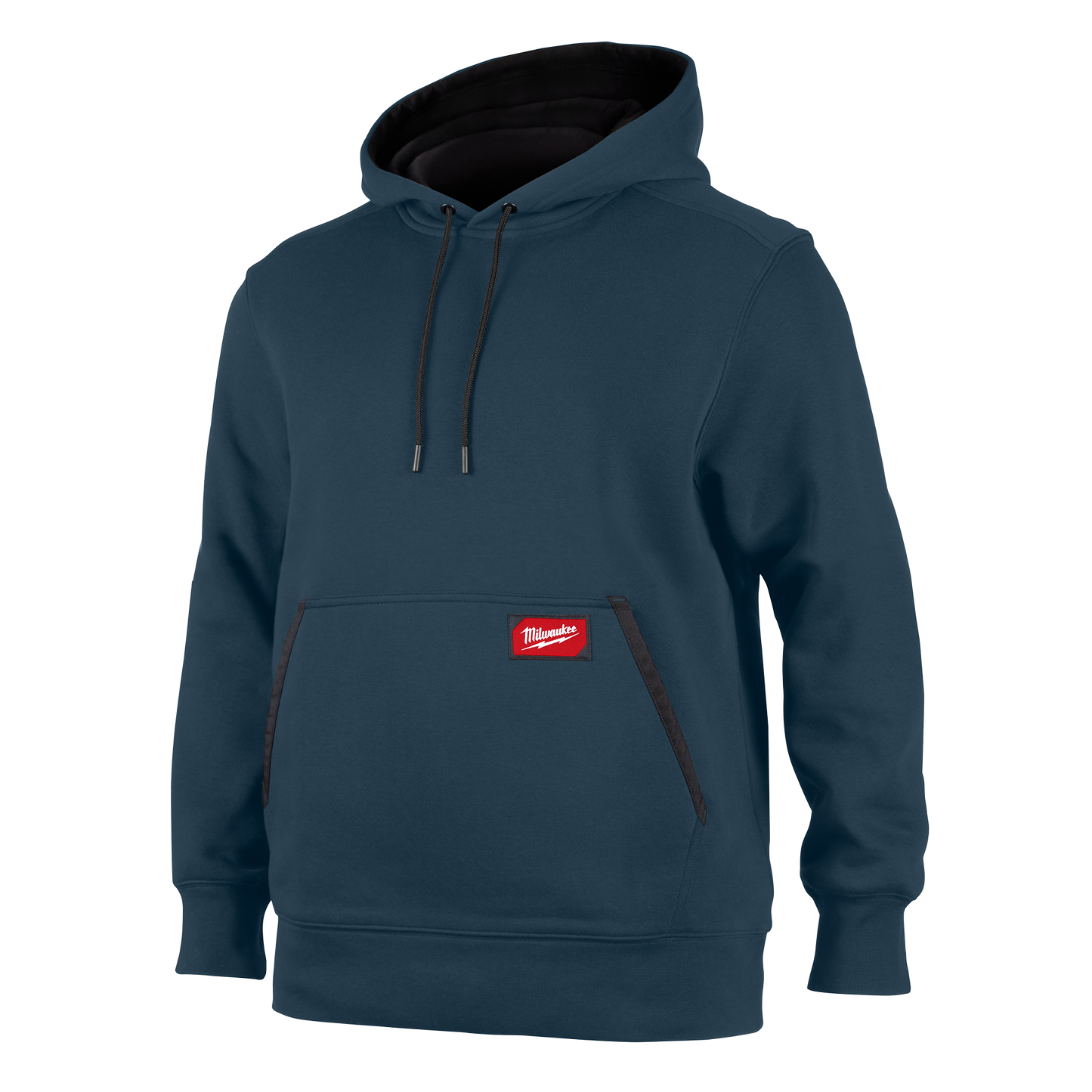 Blue Milwaukee FREEFLEX™ pullover hoodie with front pouch pocket, adjustable hood, and red logo patch from women’s apparel under $100 collection