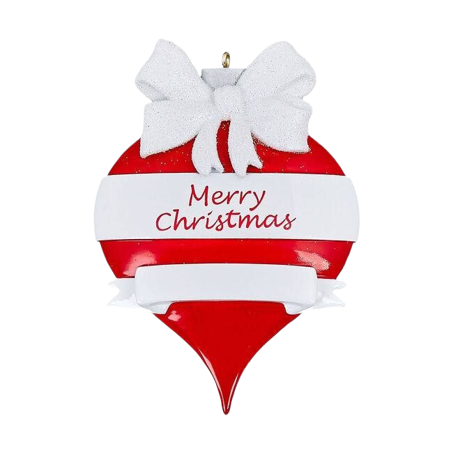 Red teardrop ornament with white bow and "Merry Christmas" text, festive Christmas tree decoration under $50