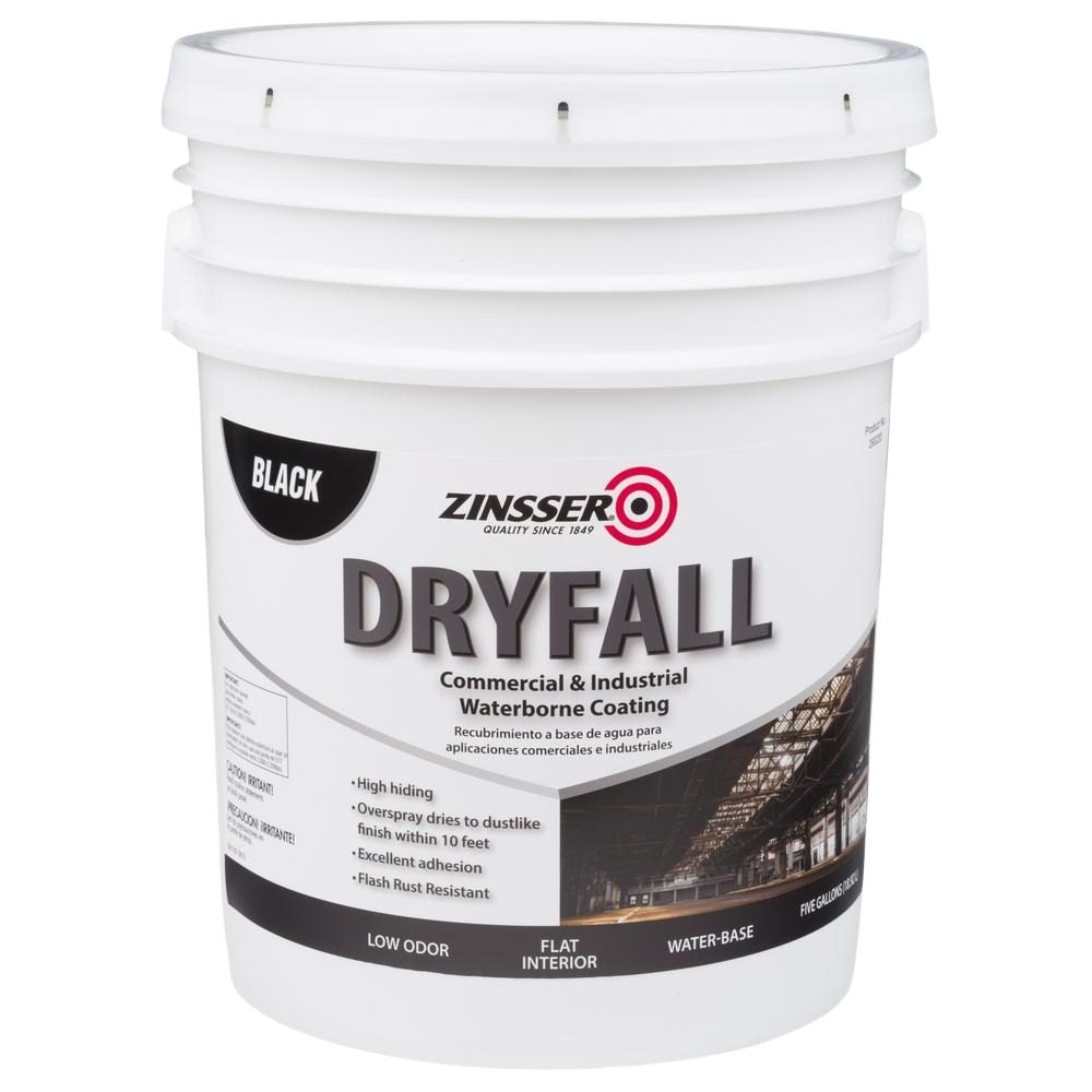 5-gallon container of black waterborne dryfall coating for commercial interior paint and home improvement projects