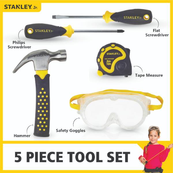 Children’s five-piece toolset with hammer, two screwdrivers, tape measure, and safety goggles in Toys & Games under $50 collection