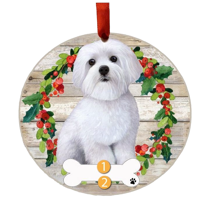 Round Christmas ornament with a white Maltese dog inside a festive holly wreath and red ribbon hanger