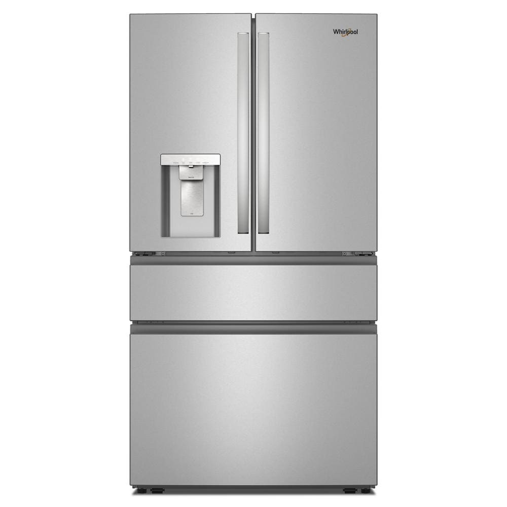 Whirlpool French door refrigerator in stainless steel with in-door water dispenser and dual lower freezer drawers