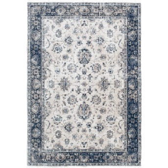 Area rug with intricate floral patterns in shades of grey, blue, and beige for home decor and flooring collections