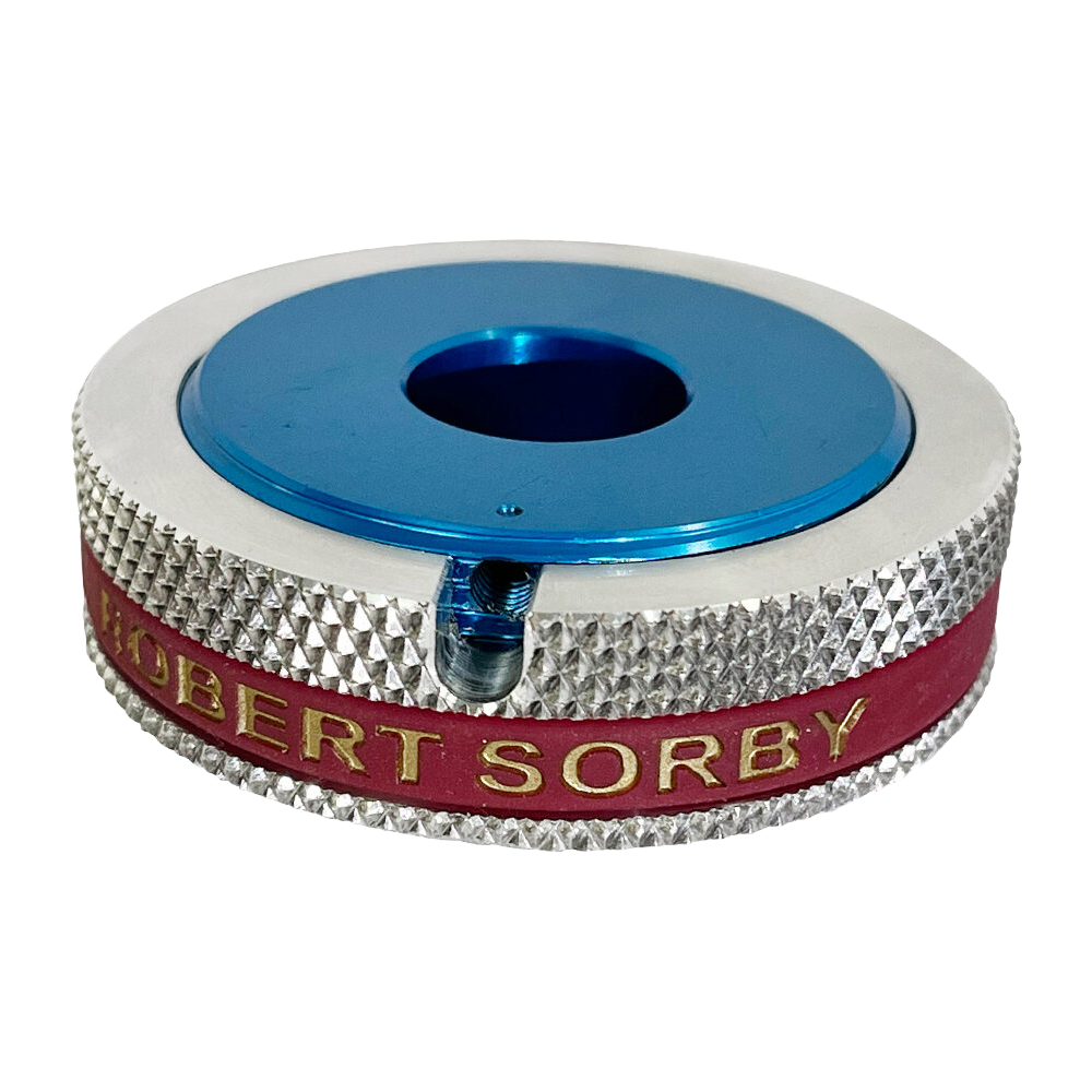 Metal adjustment collar with blue center and red band gold lettering for woodworking tools collections