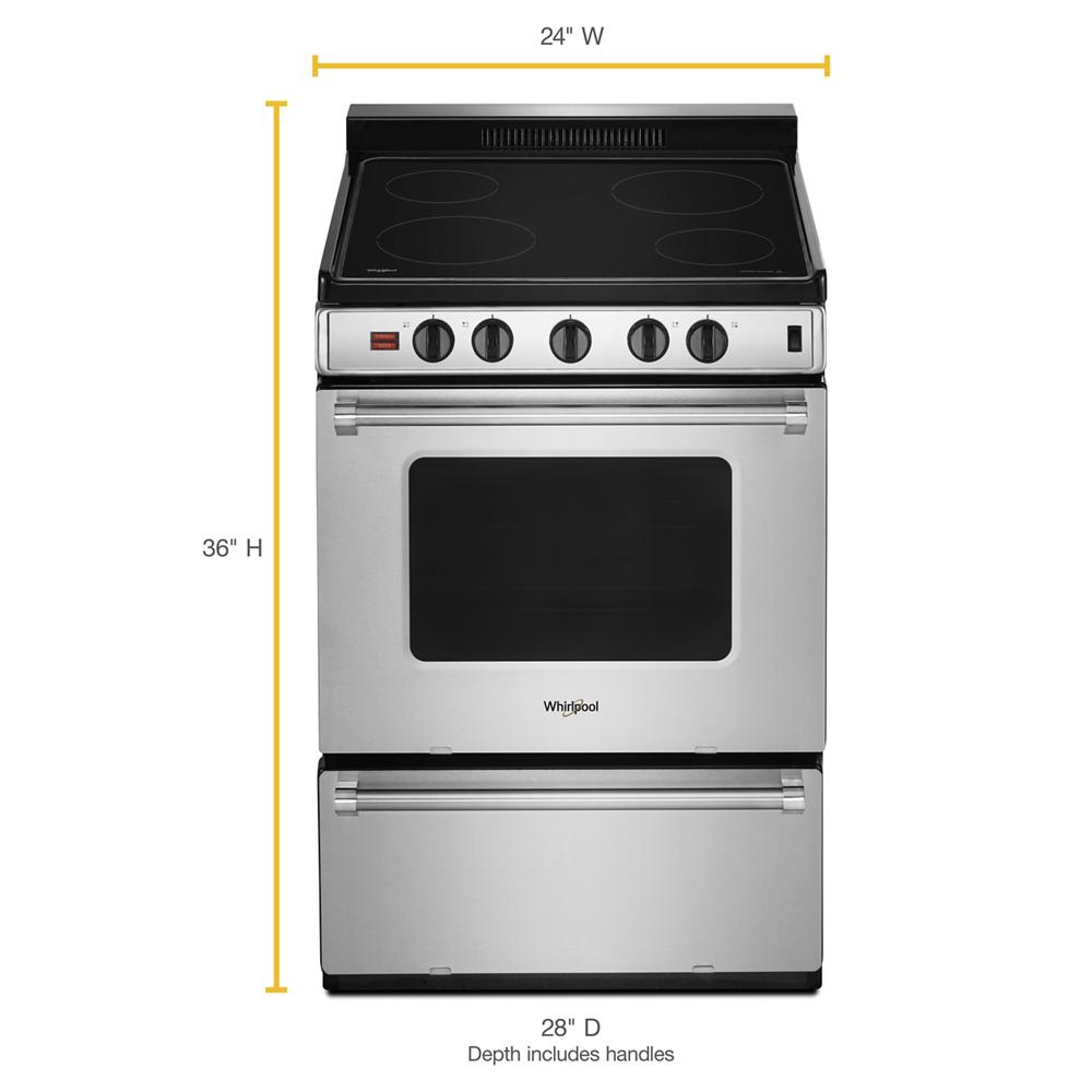 24-inch stainless steel freestanding electric range with smooth cooktop and front control knobs for kitchen appliances