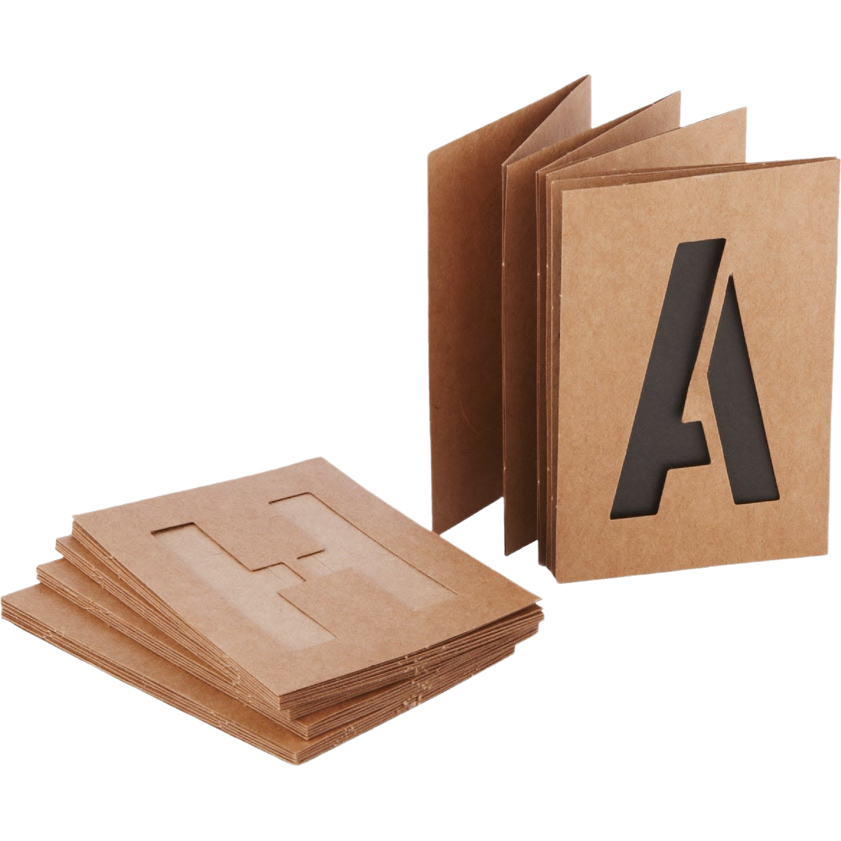 Set of brown cardboard stencils featuring cutout letters, numbers, and symbols for home improvement projects