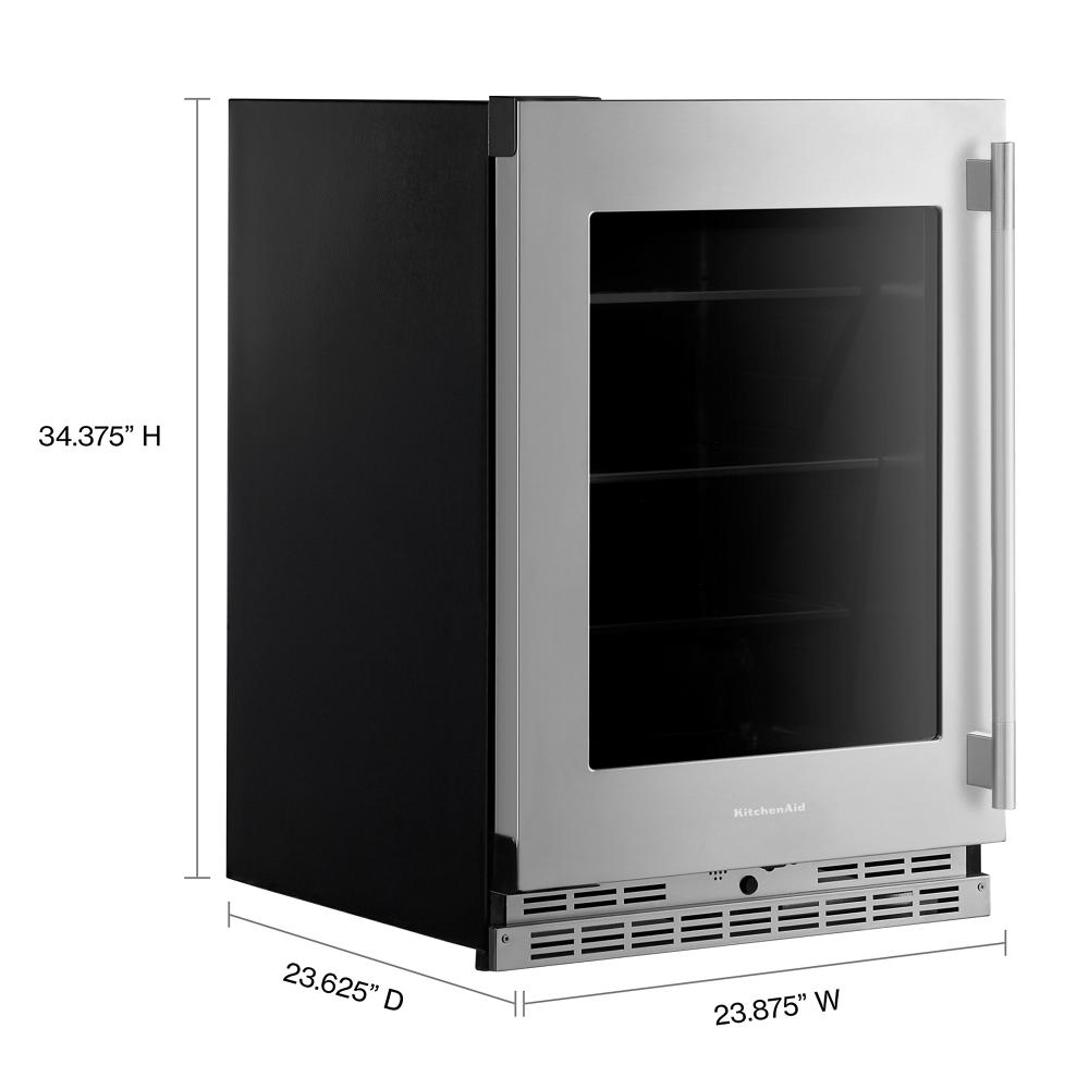 24-inch undercounter refrigerator with stainless steel frame, glass door, metallic shelves, and vented base panel