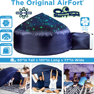 Inflatable play tent with glow-in-the-dark starry night design for creative indoor kids’ activities and imaginative play spaces