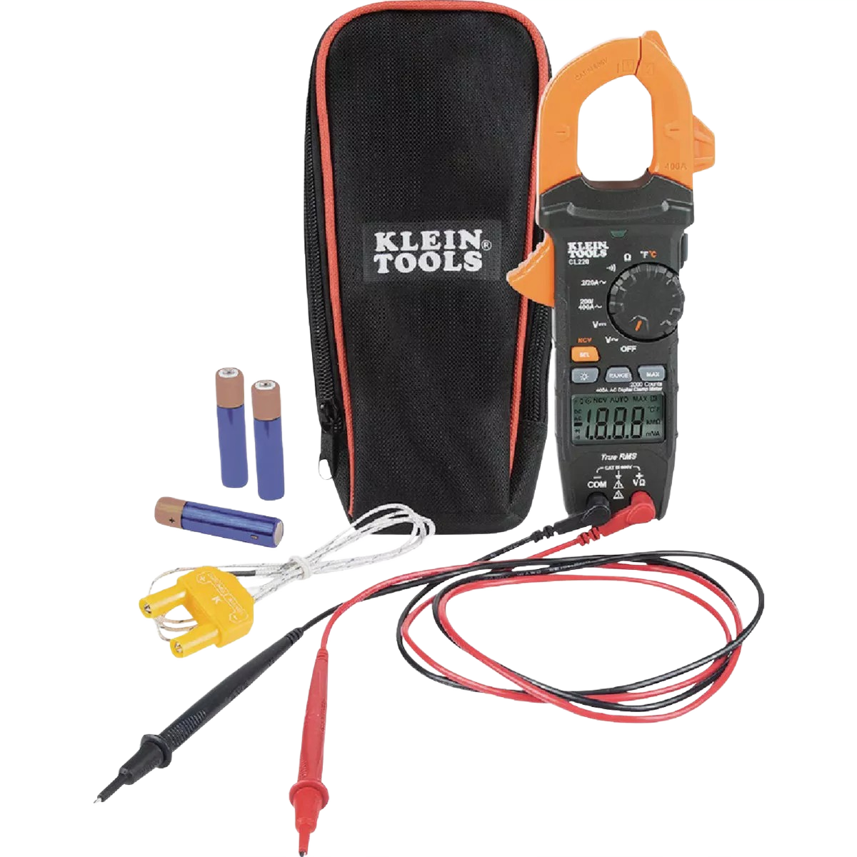 Digital clamp meter kit with carrying case, test leads, thermocouple probe, and batteries for electrical diagnostics