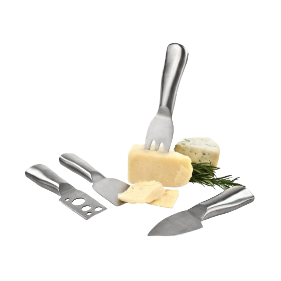 Four-piece stainless steel cheese tool set with knife, fork, slicer, and spreader for kitchen and dining use