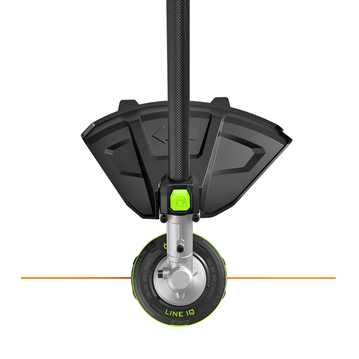 Electric power tool string trimmer head with orange cutting line and black guard from EGO lawn care collection