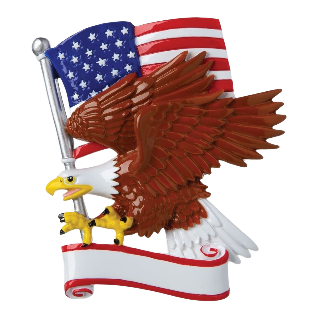 Glossy brown and white American eagle clutching flagpole with waving USA flag for Christmas tree decoration under $50 collection