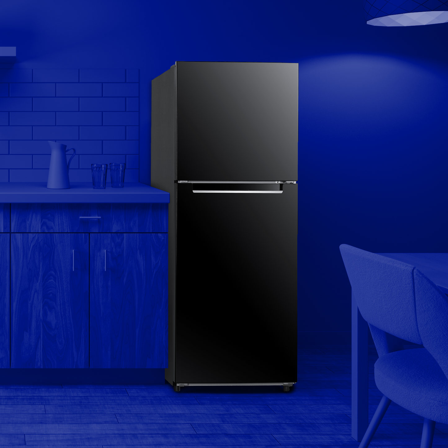 Sleek black top freezer refrigerator with smooth finish and horizontal handle for kitchen and appliance collections