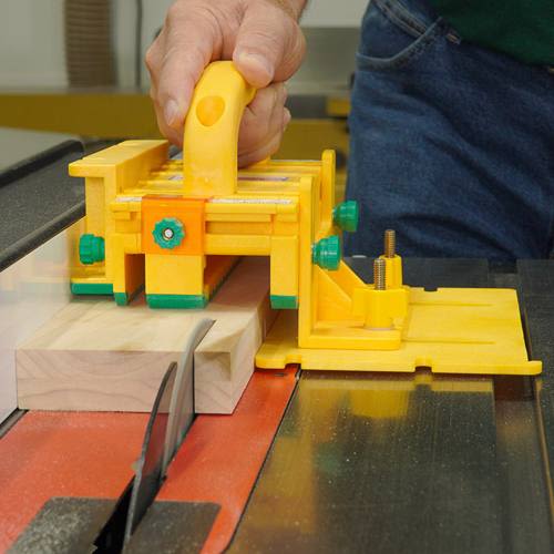 Yellow push block with adjustable guides and safe rip kit for precise woodworking in saw accessories and tool collections under $100
