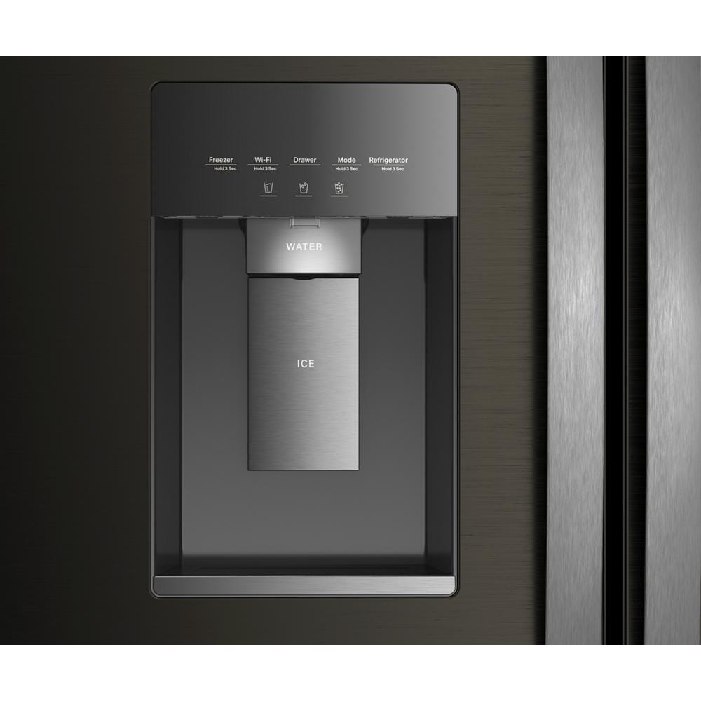 Close-up of water and ice dispenser on black stainless steel refrigerator from French Door Refrigerators collection