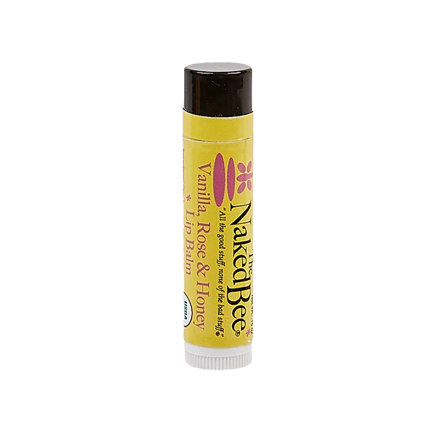 Organic vanilla, rose, and honey lip balm stick in yellow packaging for skin care and health and beauty collections