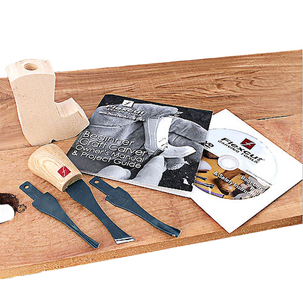 Set of three woodworking chisels with wooden handle, instructional manual, and safety DVD for beginner carvers in hand tools collection