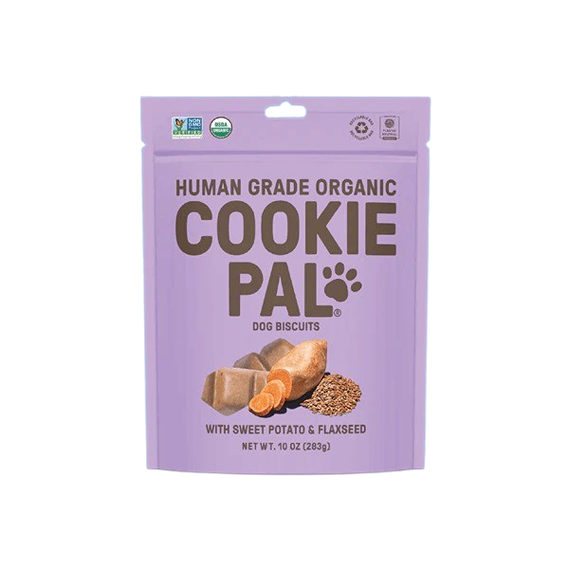 Purple resealable bag of Cookie Pal organic dog biscuits with sweet potato and flaxseed for pet treats under $50
