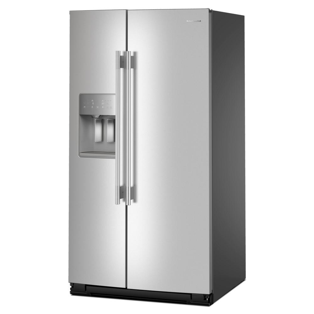 Large stainless steel side-by-side refrigerator with external water and ice dispenser in kitchen appliances collection