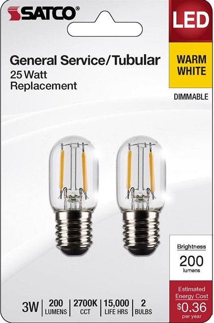 Pair of clear LED tubular bulbs with warm white glow and intermediate screw bases for general lighting use under $50 collection
