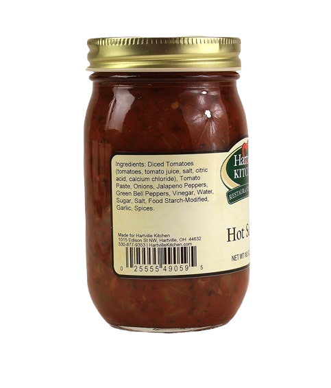 Glass jar of Hartville Kitchen Hot Salsa showing ingredients label in salsas and food & beverage collections under $50
