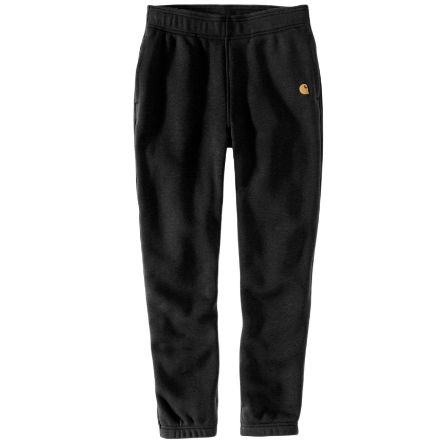 Black fleece joggers with elastic waistband and cuffed ankles, featuring subtle logo detail on the thigh.