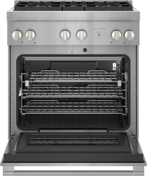 Stainless steel dual fuel range with open oven door, multiple racks, and control knobs for kitchen appliances and home improvement