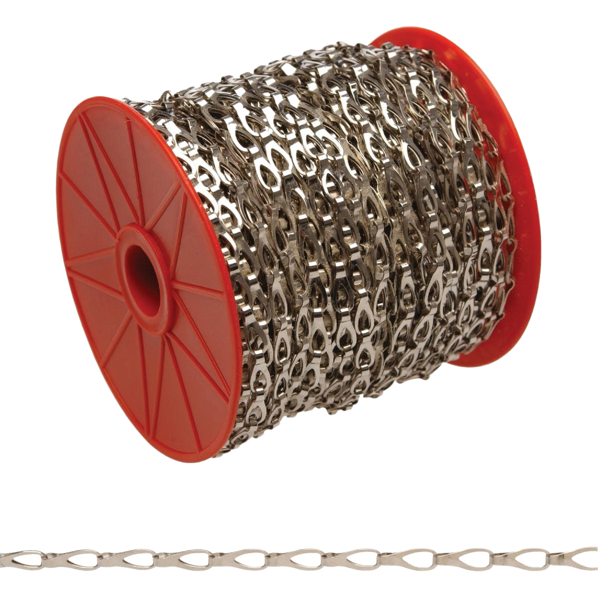 Steel window sash chain on red spool, durable for home improvement and tools applications